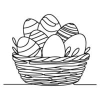 One continuous hand drawing black line basket easter eggs doodle decorated with Many different design for easter egg outline style vector