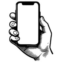 Close up hand holding modern smart phone mockup. Continuous black single lines drawing art icon. Finger touching blank screen transparent background vector