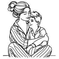 sketch mother hugging small child. Single one black line drawing woman being Hugged By Her children vector illustration