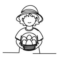 children find and pick up eggs hunt. Hand drawn bunny continuous black line drawing art. Kid carries basket easter egg doodle coloring vector illustration elements.