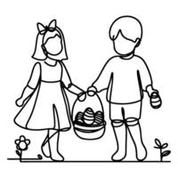 children find and pick up eggs hunt. Hand drawn bunny continuous black line drawing art. Kid carries basket easter egg doodle coloring vector illustration elements.