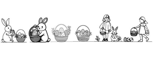 One continuous hand drawing black line art basket, easter egg, bunny, kids, doodle decorated. design for rabbit easter egg outline style vector