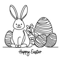 Hand drawn black line art rabbit easter egg doodle coloring linear style vector illustration elements. one continuous line drawing bunny with eggs Editable stroke outline