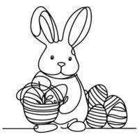 Hand drawn black line art rabbit easter egg doodle coloring linear style vector illustration elements. one continuous line drawing bunny with eggs Editable stroke outline