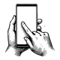 Close up hand holding modern smart phone mockup. Continuous black single lines drawing art icon. Finger touching blank screen transparent background vector