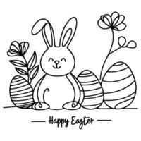 Hand drawn black line art rabbit easter egg doodle coloring linear style vector illustration elements. one continuous line drawing bunny with eggs Editable stroke outline