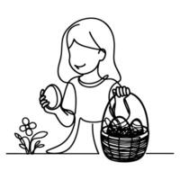 children find and pick up eggs hunt. Hand drawn bunny continuous black line drawing art. Kid carries basket easter egg doodle coloring vector illustration elements.