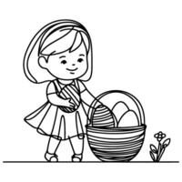 children find and pick up eggs hunt. Hand drawn bunny continuous black line drawing art. Kid carries basket easter egg doodle coloring vector illustration elements.