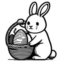 Hand drawn black line art rabbit easter egg doodle coloring linear style vector illustration elements. one continuous line drawing bunny with eggs Editable stroke outline