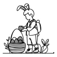 children find and pick up eggs hunt. Hand drawn bunny continuous black line drawing art. Kid carries basket easter egg doodle coloring vector illustration elements.