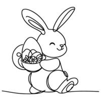 Hand drawn black line art rabbit easter egg doodle coloring linear style vector illustration elements. one continuous line drawing bunny with eggs Editable stroke outline