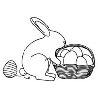 Hand drawn black line art rabbit easter egg doodle coloring linear style vector illustration elements. one continuous line drawing bunny with eggs Editable stroke outline