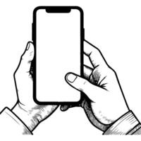 Close up hand holding modern smart phone mockup. Continuous black single lines drawing art icon. Finger touching blank screen transparent background vector