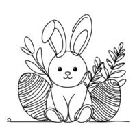 Hand drawn black line art rabbit easter egg doodle coloring linear style vector illustration elements. one continuous line drawing bunny with eggs Editable stroke outline