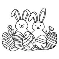 Hand drawn black line art rabbit easter egg doodle coloring linear style vector illustration elements. one continuous line drawing bunny with eggs Editable stroke outline