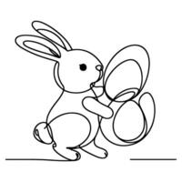 Hand drawn black line art rabbit easter egg doodle coloring linear style vector illustration elements. one continuous line drawing bunny with eggs Editable stroke outline