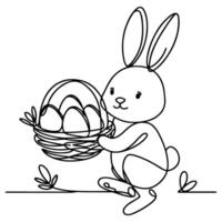 Hand drawn black line art rabbit easter egg doodle coloring linear style vector illustration elements. one continuous line drawing bunny with eggs Editable stroke outline