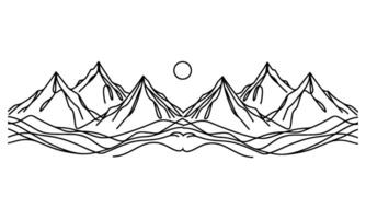 drawing mountain with forest pine trees landscape black line Sketch art Hand drawn linear style vector illustration