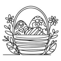 One continuous hand drawing black line basket easter eggs doodle decorated with Many different design for easter egg outline style vector