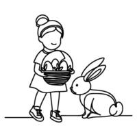 children find and pick up eggs hunt. Hand drawn bunny continuous black line drawing art. Kid carries basket easter egg doodle coloring vector illustration elements.