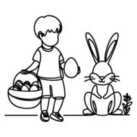 children find and pick up eggs hunt. Hand drawn bunny continuous black line drawing art. Kid carries basket easter egg doodle coloring vector illustration elements.