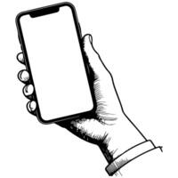 Close up hand holding modern smart phone mockup. Continuous black single lines drawing art icon. Finger touching blank screen transparent background vector