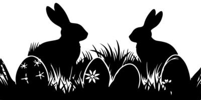contento Pascua de Resurrección huevo día con niños, conejito. Conejo y negro césped silueta sin costura en transparente antecedentes vector