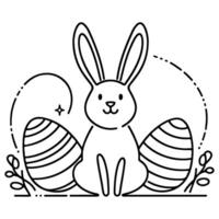 Hand drawn black line art rabbit easter egg doodle coloring linear style vector illustration elements. one continuous line drawing bunny with eggs Editable stroke outline