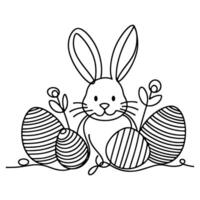 Hand drawn black line art rabbit easter egg doodle coloring linear style vector illustration elements. one continuous line drawing bunny with eggs Editable stroke outline