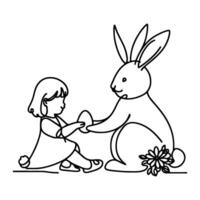 children find and pick up eggs hunt. Hand drawn bunny continuous black line drawing art. Kid carries basket easter egg doodle coloring vector illustration elements.