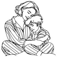 bosquejo madre abrazando pequeño niño. soltero uno negro línea dibujo mujer siendo abrazado por su niños vector ilustración