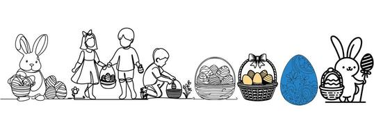 One continuous hand drawing black line art basket, easter egg, bunny, kids, doodle decorated. design for rabbit easter egg outline style vector