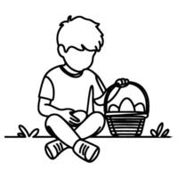 children find and pick up eggs hunt. Hand drawn bunny continuous black line drawing art. Kid carries basket easter egg doodle coloring vector illustration elements.