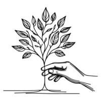 closeup hands holding black line tree sprout growing from soil on hands. Earth planet protection concept day vector