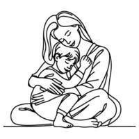 sketch mother hugging small child. Single one black line drawing woman being Hugged By Her children vector illustration