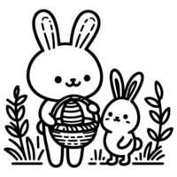 children find and pick up eggs hunt. Hand drawn bunny continuous black line drawing art. Kid carries basket easter egg doodle coloring vector illustration elements.