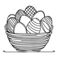 One continuous hand drawing black line basket easter eggs doodle decorated with Many different design for easter egg outline style vector