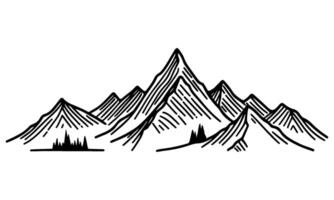 drawing mountain with forest pine trees landscape black line Sketch art Hand drawn linear style vector illustration