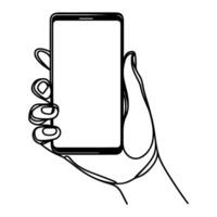 Close up hand holding modern smart phone mockup. Continuous black single lines drawing art icon. Finger touching blank screen transparent background vector