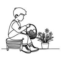 children find and pick up eggs hunt. Hand drawn bunny continuous black line drawing art. Kid carries basket easter egg doodle coloring vector illustration elements.