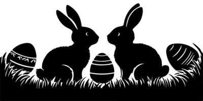 Happy easter egg day with kids, bunny. Rabbit and black grass silhouette seamless on transparent background vector