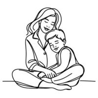 sketch mother hugging small child. Single one black line drawing woman being Hugged By Her children vector illustration