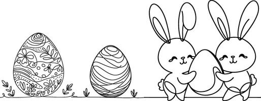 Hand drawn black line art rabbit easter egg doodle coloring linear style vector illustration elements. one continuous line drawing bunny with eggs Editable stroke outline