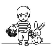 children find and pick up eggs hunt. Hand drawn bunny continuous black line drawing art. Kid carries basket easter egg doodle coloring vector illustration elements.