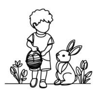 children find and pick up eggs hunt. Hand drawn bunny continuous black line drawing art. Kid carries basket easter egg doodle coloring vector illustration elements.