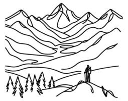 drawing mountain with forest pine trees landscape black line Sketch art Hand drawn linear style vector illustration