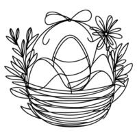 One continuous hand drawing black line basket easter eggs doodle decorated with Many different design for easter egg outline style vector