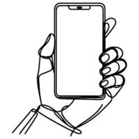 Close up hand holding modern smart phone mockup. Continuous black single lines drawing art icon. Finger touching blank screen transparent background vector