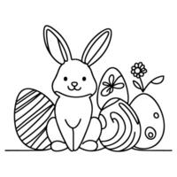 Hand drawn black line art rabbit easter egg doodle coloring linear style vector illustration elements. one continuous line drawing bunny with eggs Editable stroke outline