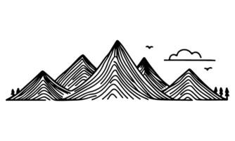 drawing mountain with forest pine trees landscape black line Sketch art Hand drawn linear style vector illustration